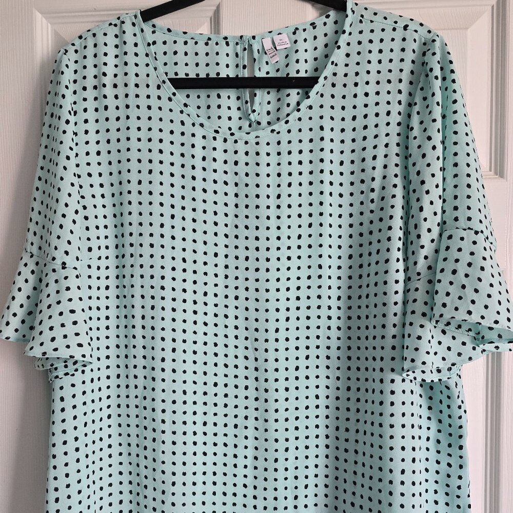 Mint Green Polka Dot Bell-Sleeve Blouse
